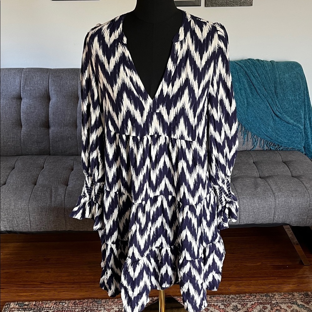 Pomander Place Navy and White Long Sleeve Dress Size Medium